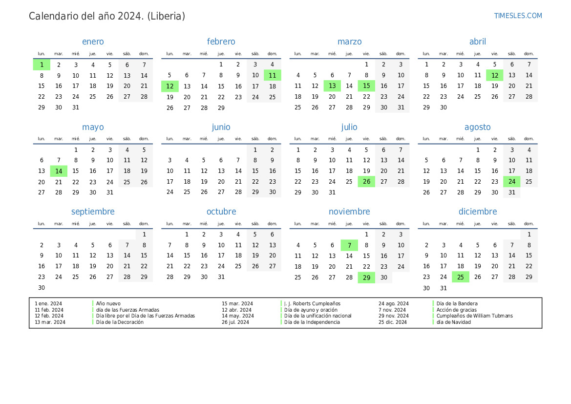 Calendario 2024 con días festivos en liberia | Imprimir y descargar ...