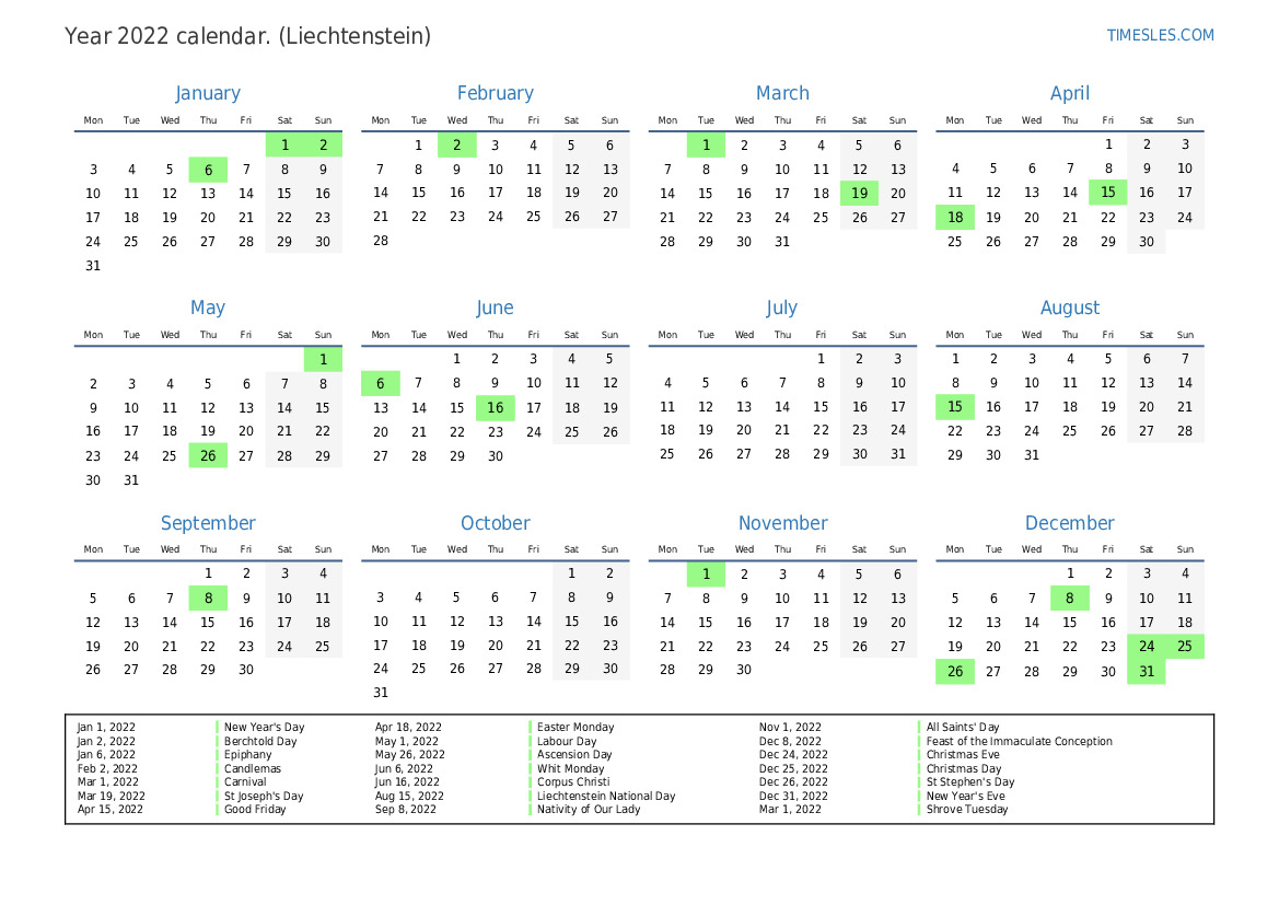 Calendar for 2022 with holidays in Liechtenstein | Print and download ...