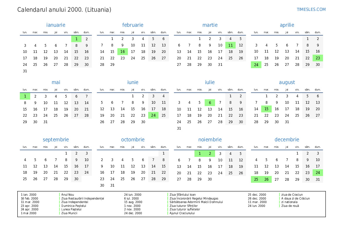 Calendar pentru anul 2000 cu sărbători în Lituania | Imprimați și ...
