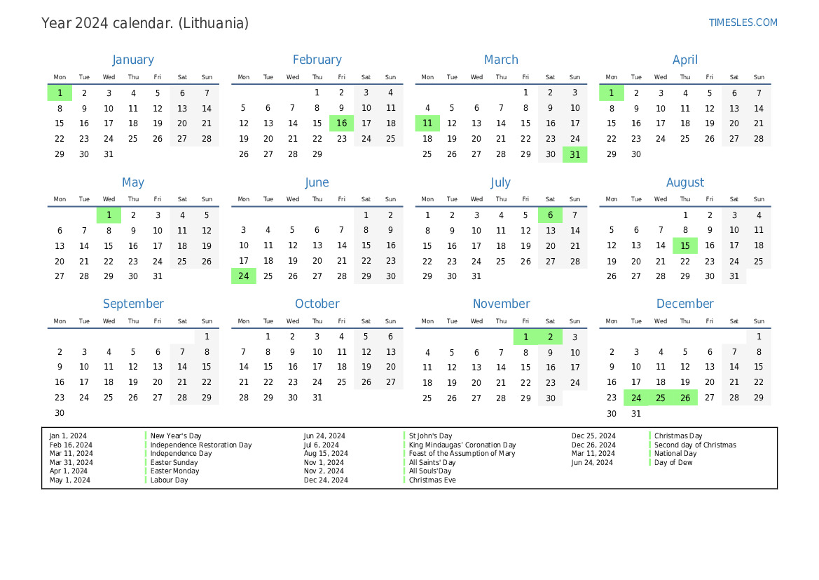 Calendar for 2024 with holidays in Lithuania Print and download calendar