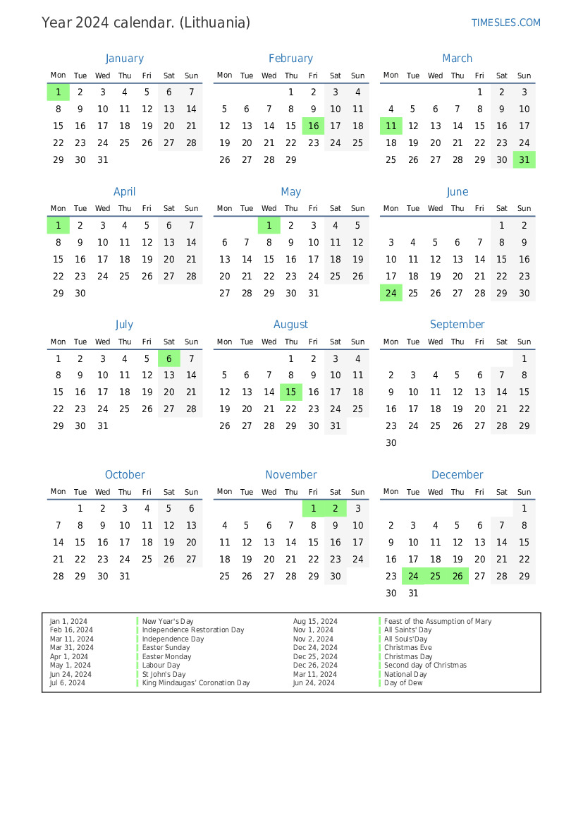 Calendar for 2024 with holidays in Lithuania Print and download calendar