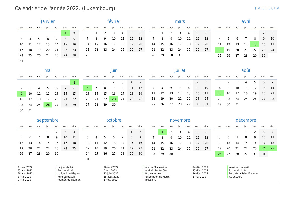 Calendrier 2022 avec jours fériés au Luxembourg | Imprimer et