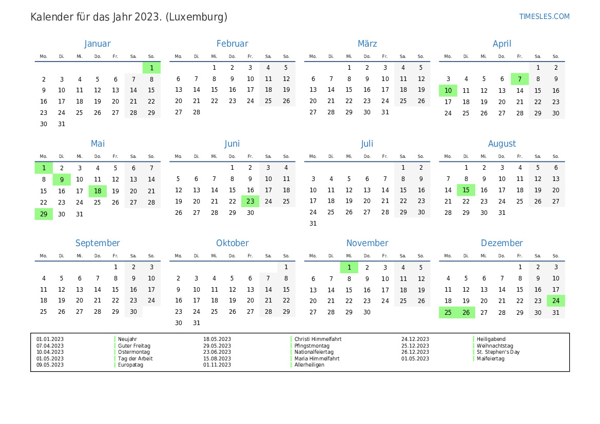 Kalender für 2023 mit Feiertagen in Luxemburg Kalender drucken und