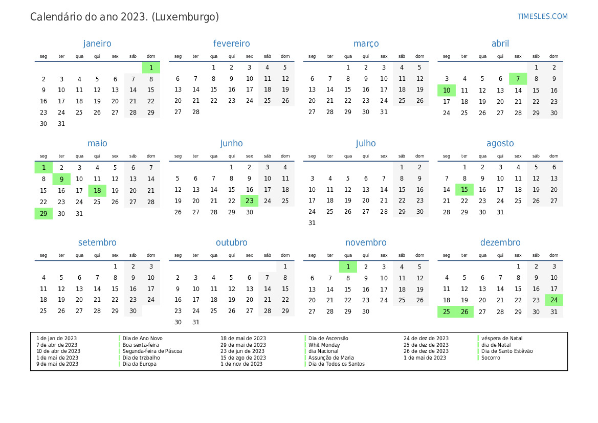 Calendário 2023 com feriados em luxemburgo Imprimir e baixar calendário