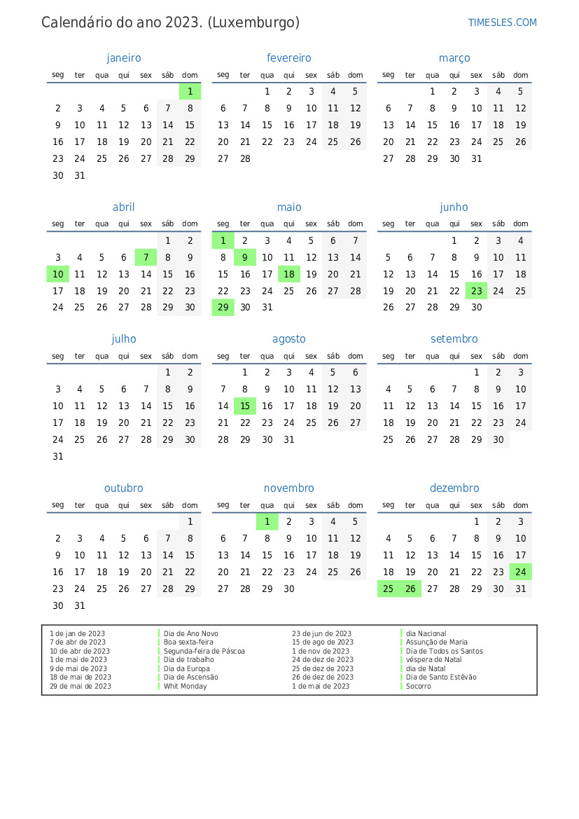 Calendário 2023 com feriados em luxemburgo Imprimir e baixar calendário