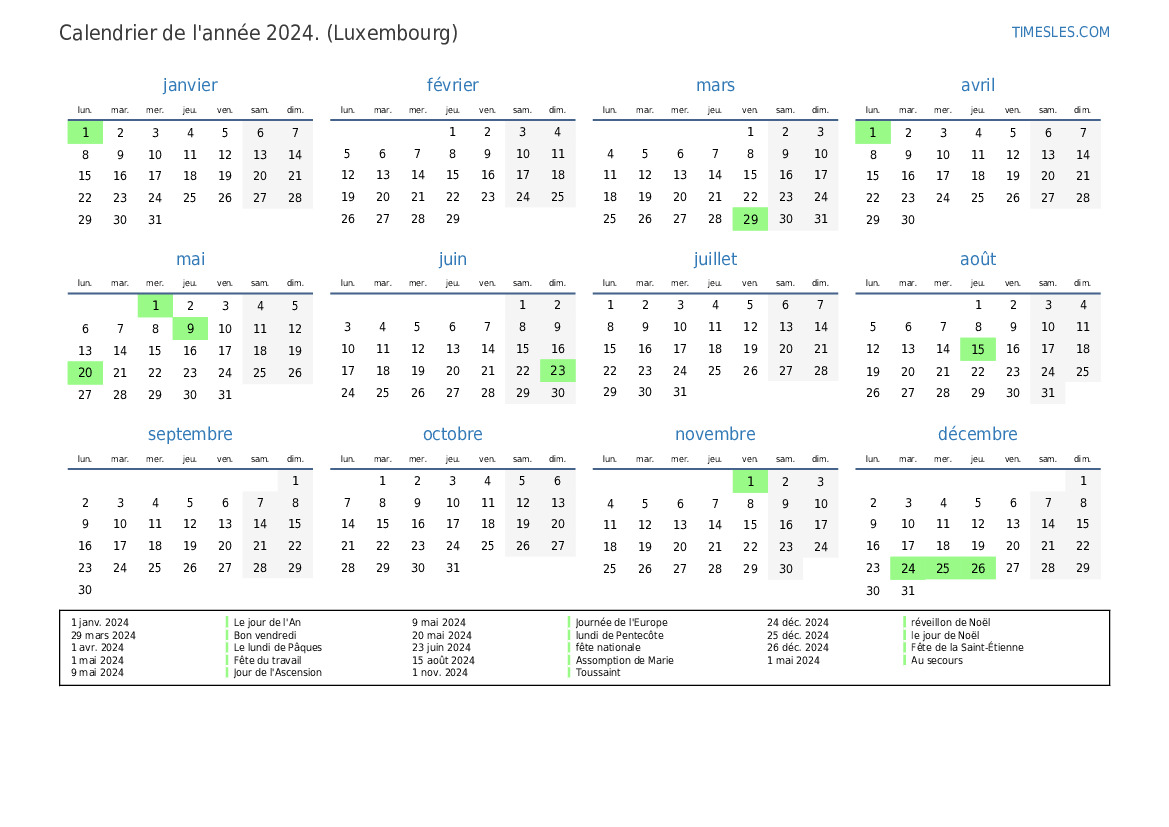 Calendrier 2024 avec jours fériés au Luxembourg Imprimer et