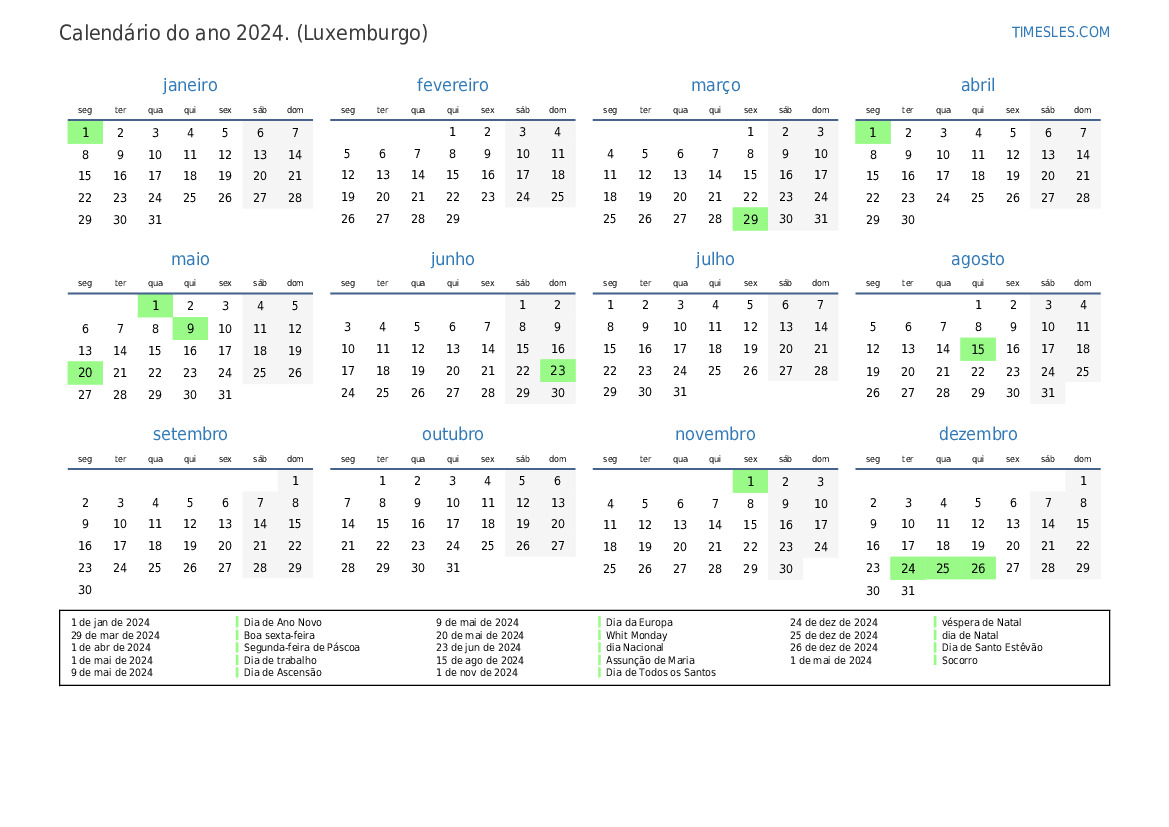 Calendário 2024 com feriados em luxemburgo Imprimir e baixar calendário