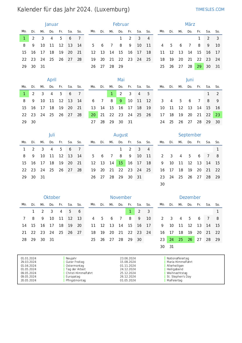 Kalender für 2024 mit Feiertagen in Luxemburg Kalender drucken und