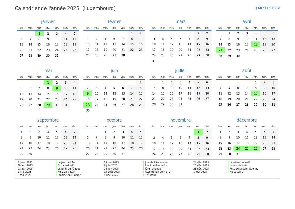 Calendrier 2025 avec jours fériés au Luxembourg Imprimer et