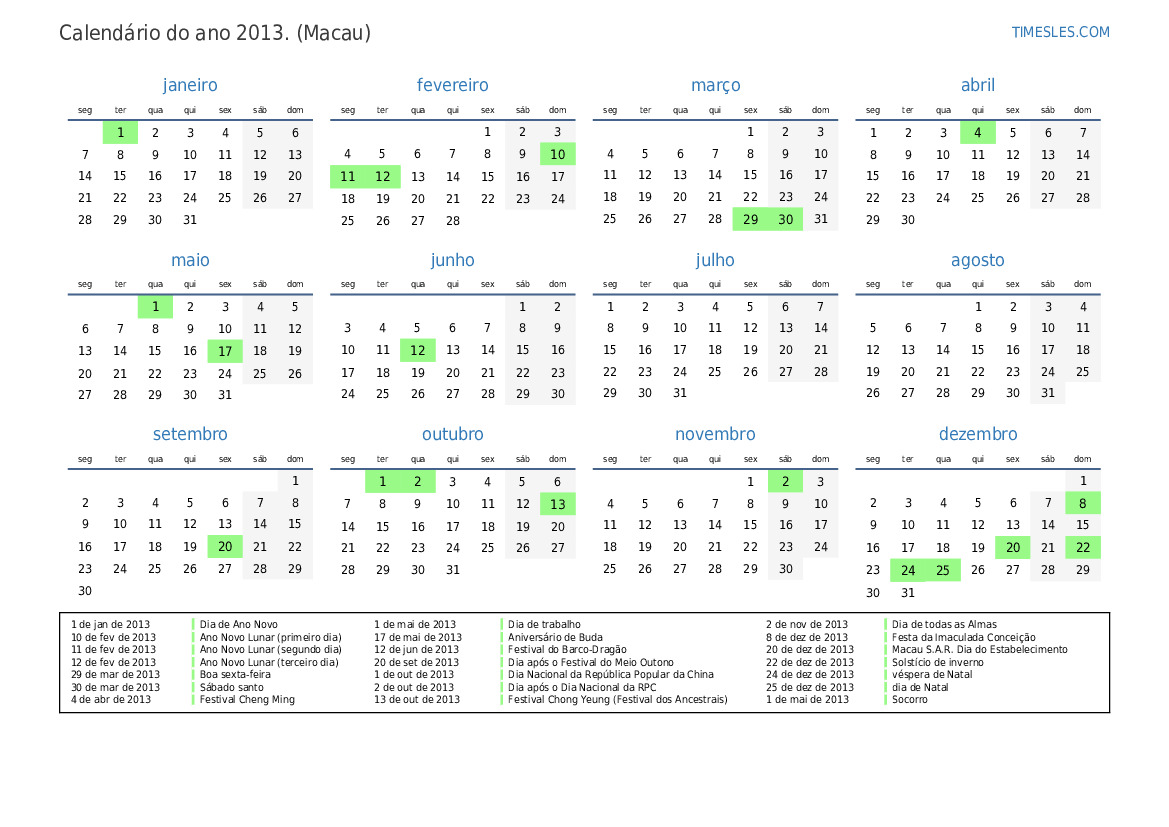Calendário 2013 com feriados em macau Imprimir e baixar calendário