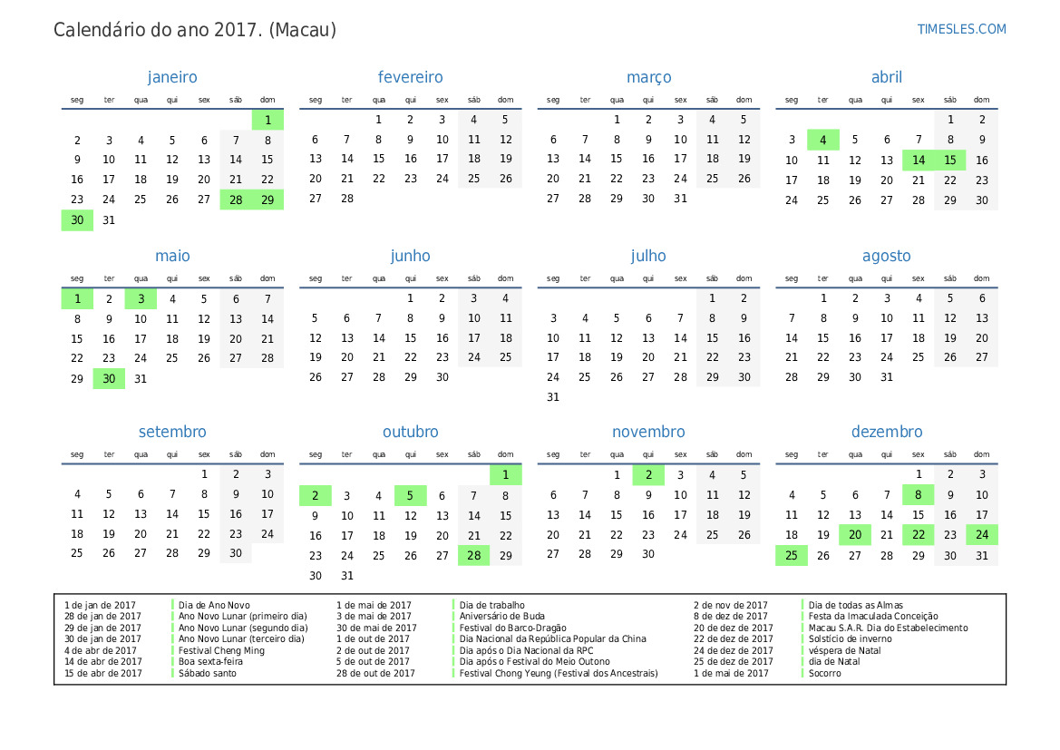 Calendário 2017 com feriados em macau Imprimir e baixar calendário