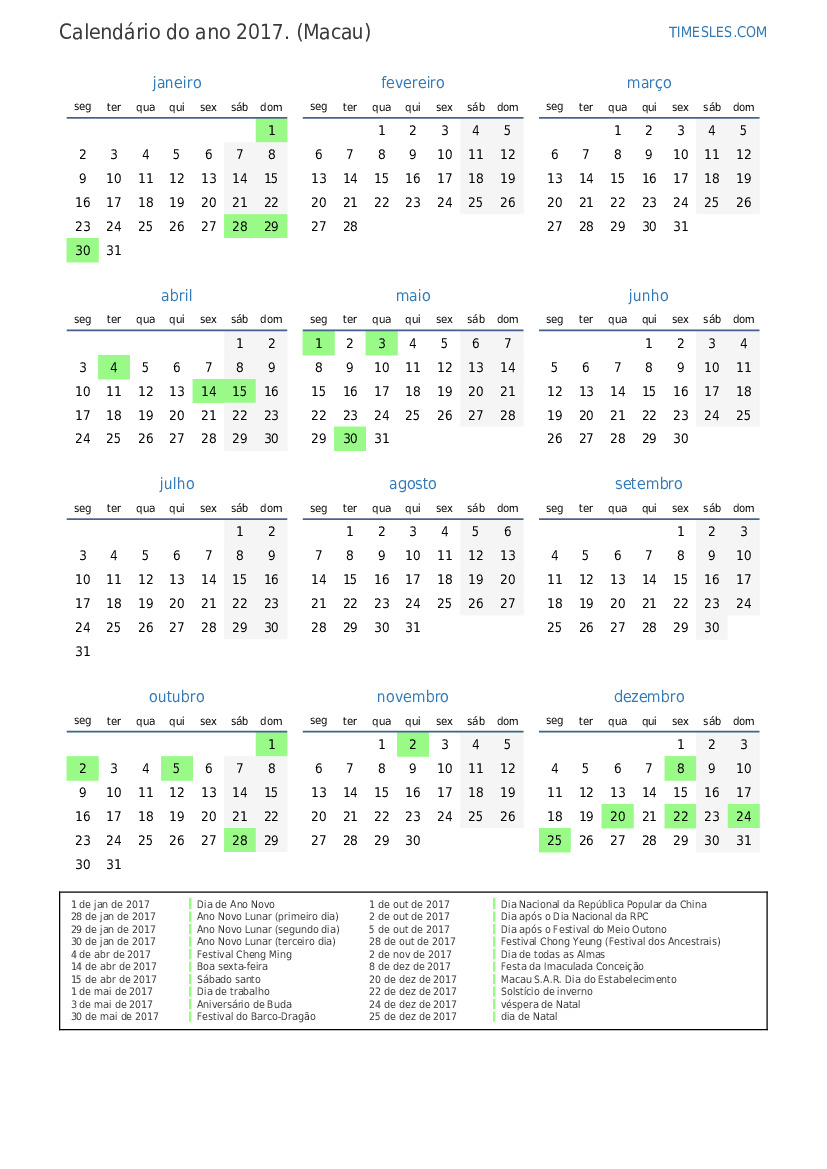 Calendário 2017 com feriados em macau Imprimir e baixar calendário