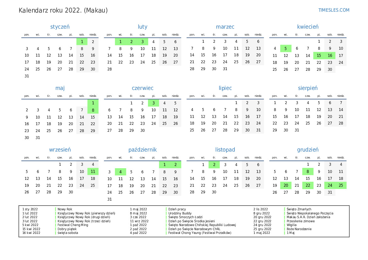 Kalendarz na 2022 rok z wakacjami w Makau Wydrukuj i pobierz kalendarz
