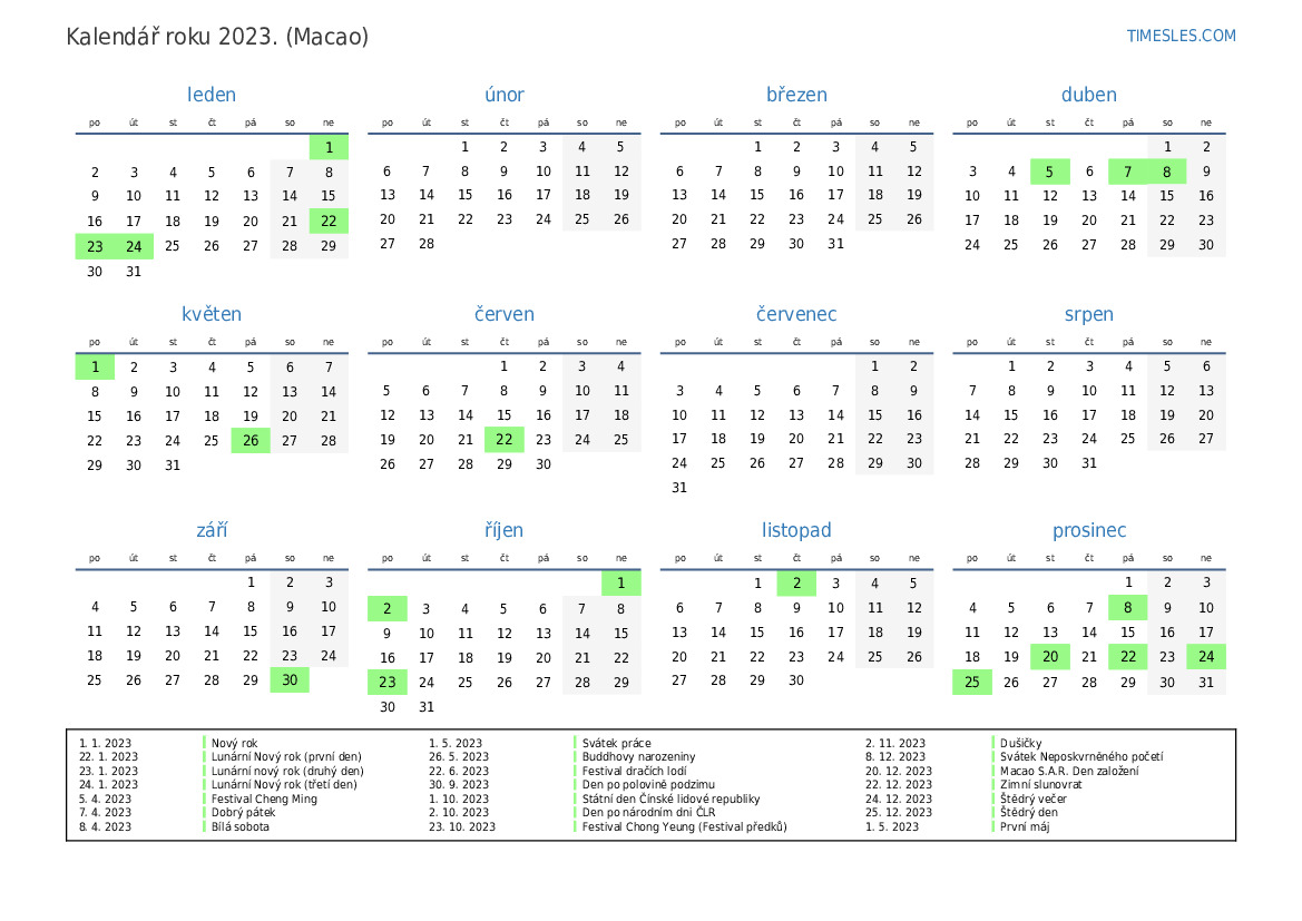 Kalendář na rok 2023 s prázdninami v Macau Tiskněte a stahujte kalendář