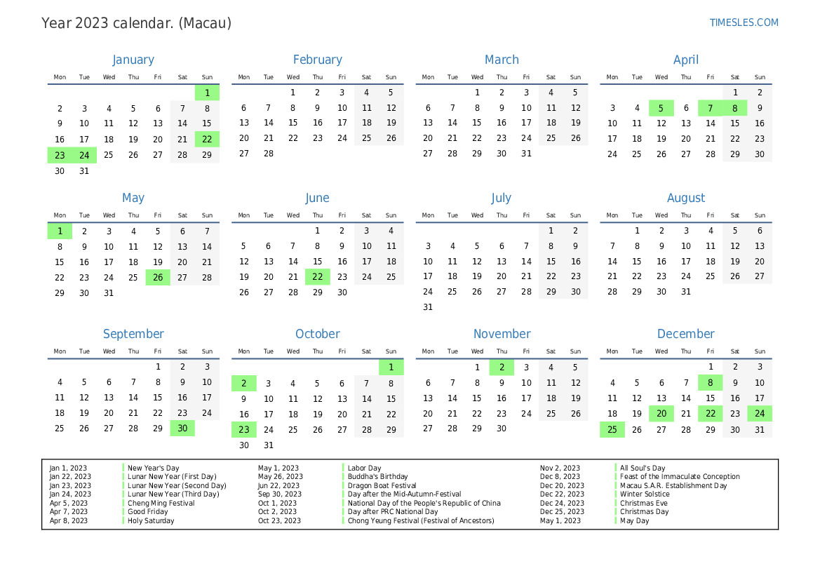 Calendar for 2023 with holidays in Macau | Print and download calendar
