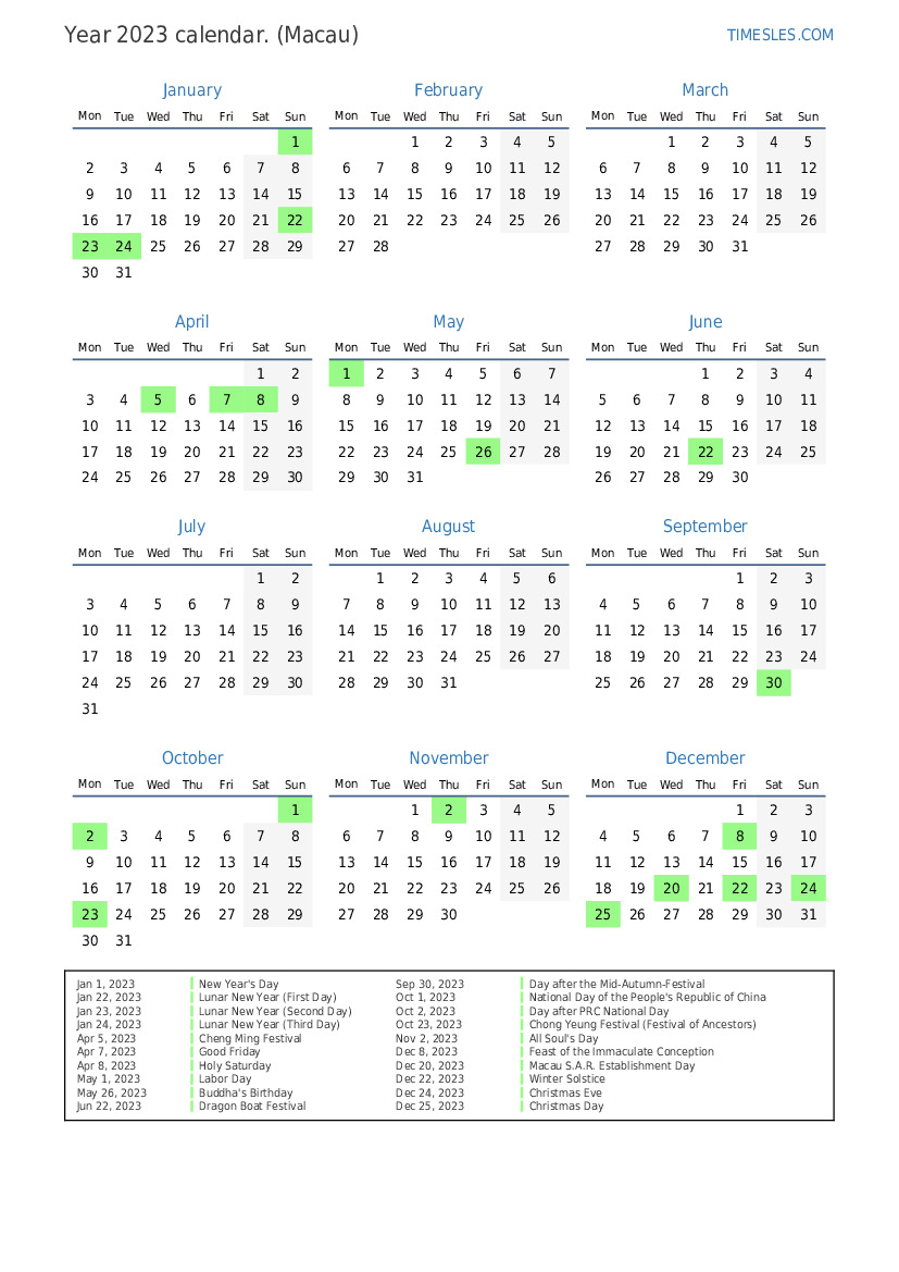 Calendar for 2023 with holidays in Macau Print and download calendar