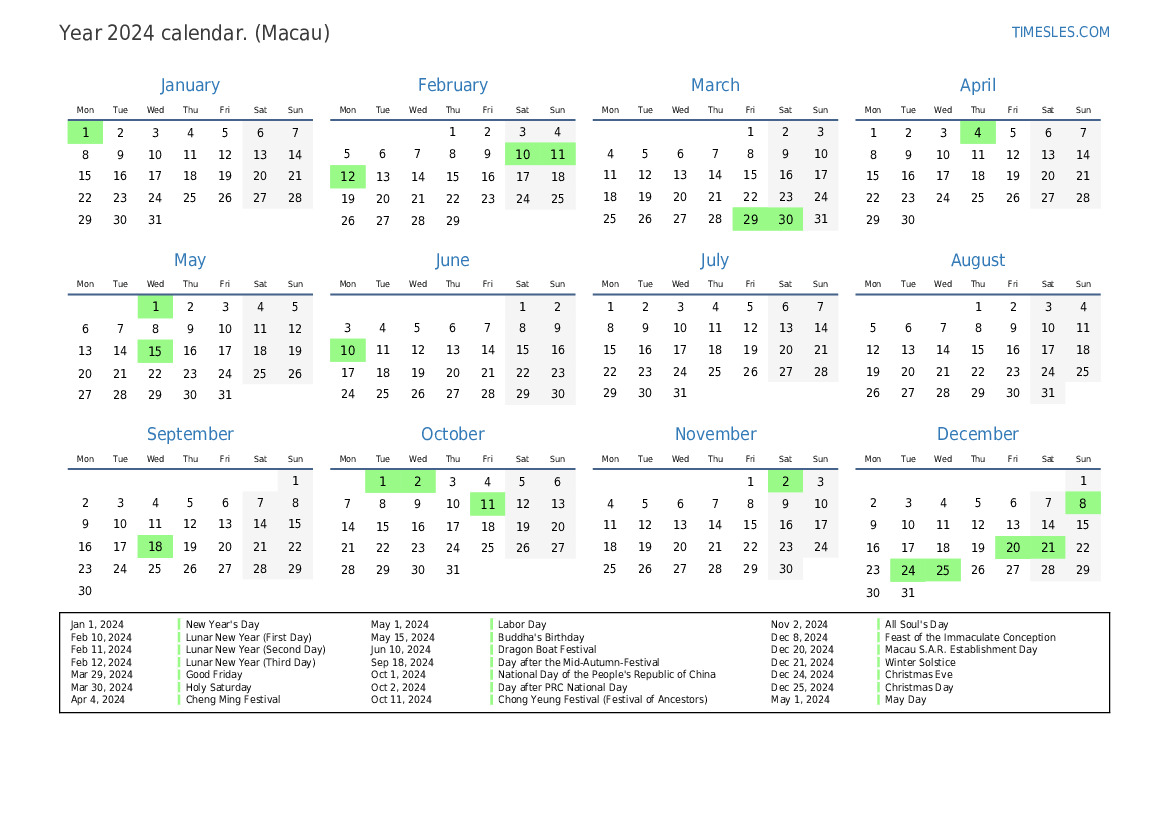 Calendar for 2024 with holidays in Macau Print and download calendar