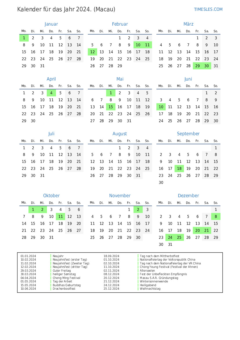 Kalender für 2024 mit Feiertagen in Macau Kalender drucken und