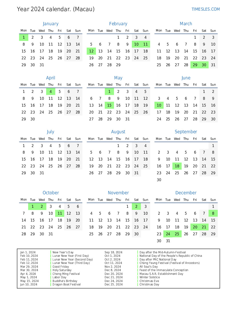 Calendar for 2024 with holidays in Macau Print and download calendar