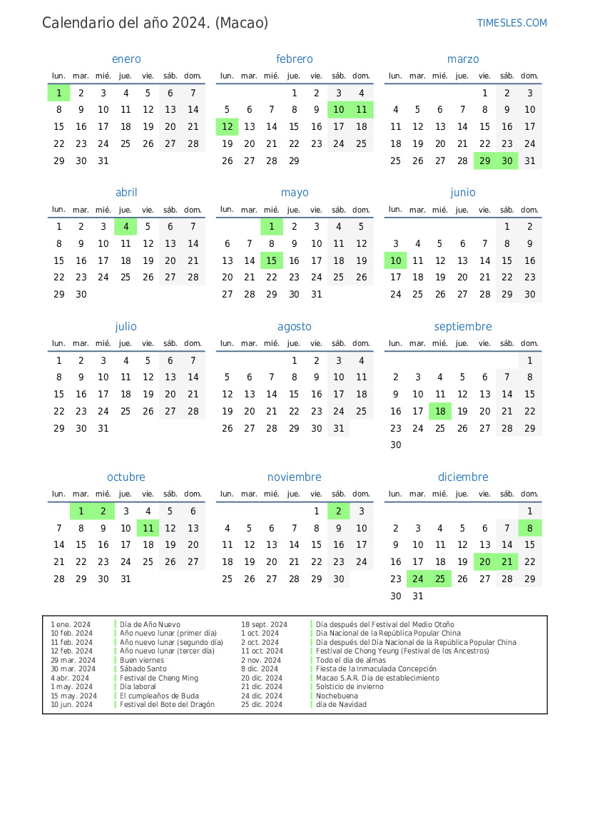 Calendario 2024 con días festivos en Macao Imprimir y descargar