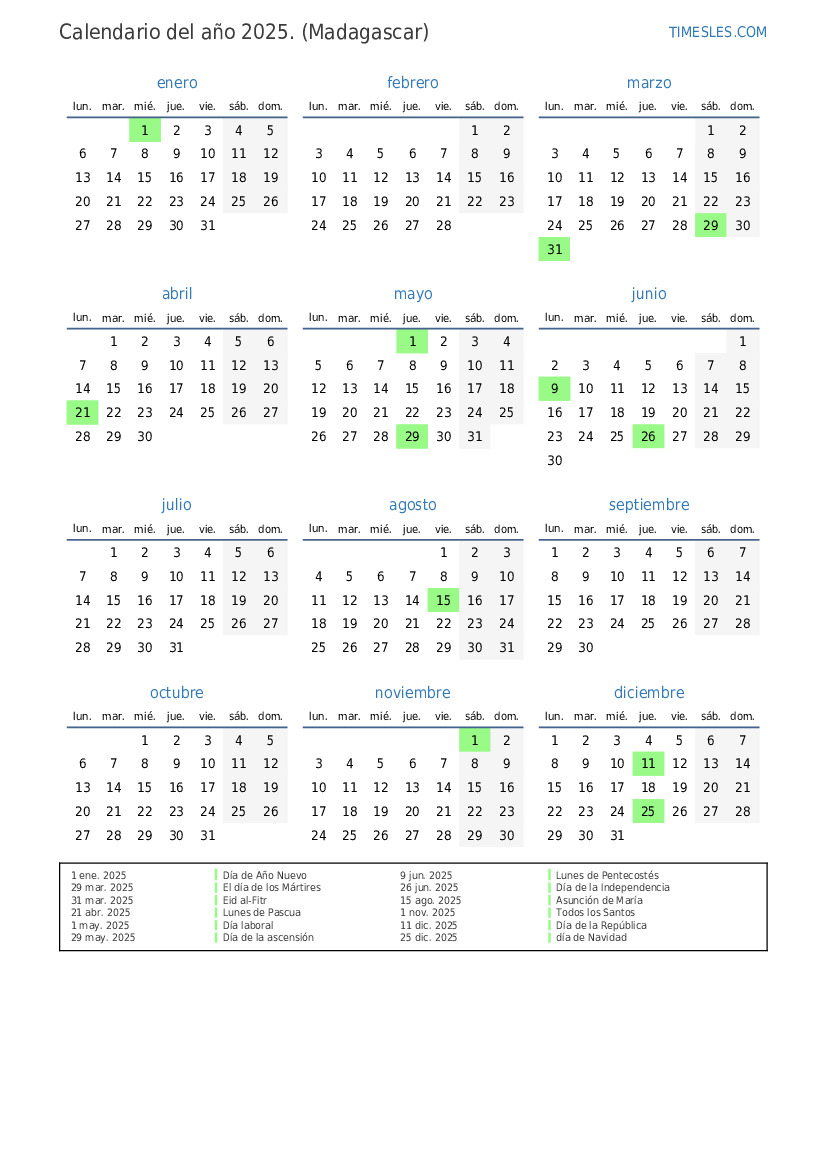 Calendario 2025 con días festivos en Madagascar | Imprimir y descargar