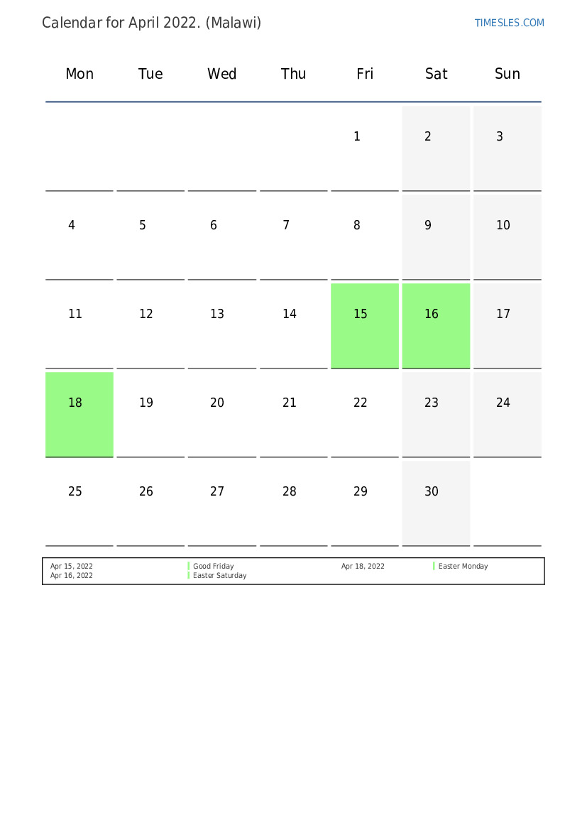 April 2022 Calendar With Holidays In Malawi Print And Download Calendar