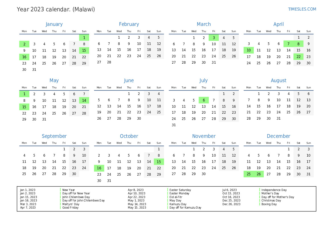 Calendar for 2023 with holidays in Malawi | Print and download calendar