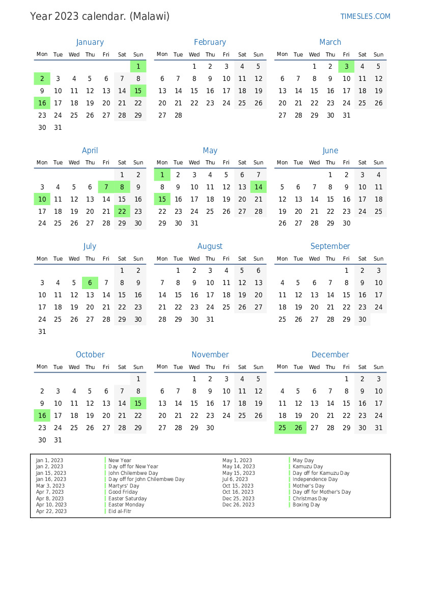 Calendar for 2023 with holidays in Malawi Print and download calendar
