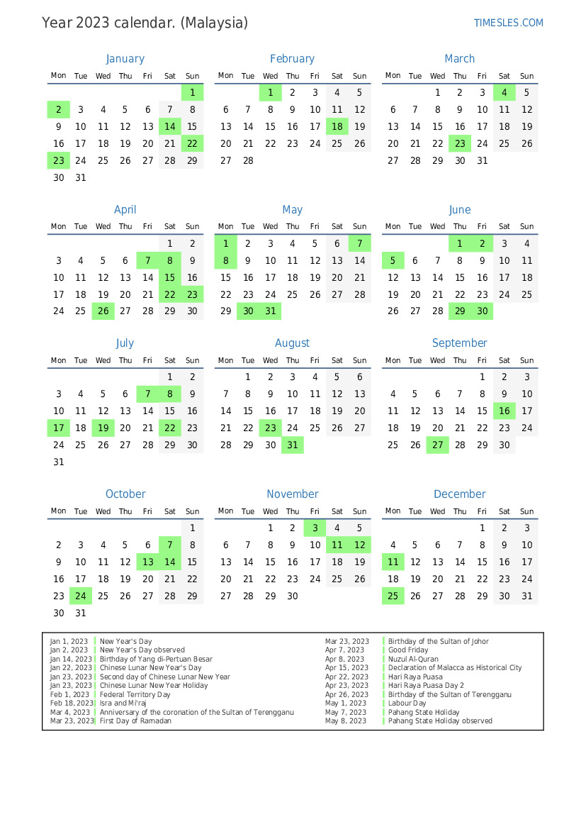 2023 Year At A Glance Calendar With Malaysia Holidays Free Printable