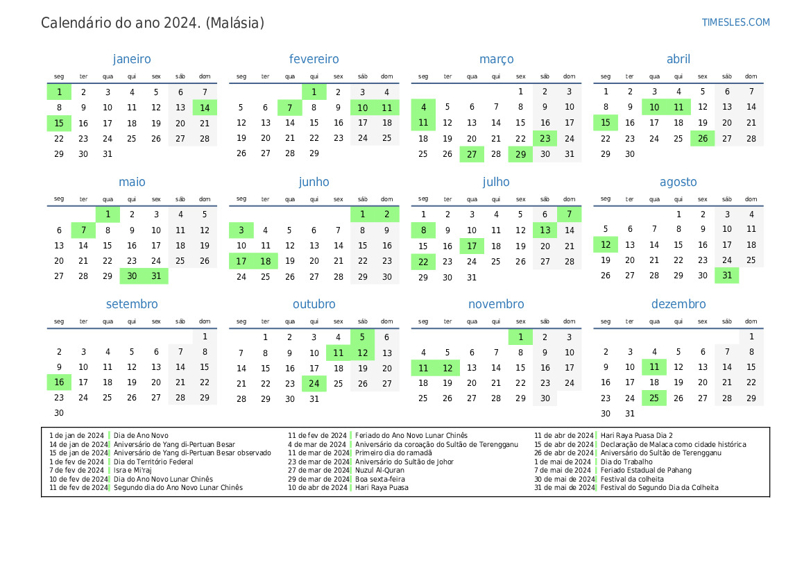 Calendário 2024 com feriados na Malásia Imprimir e baixar calendário