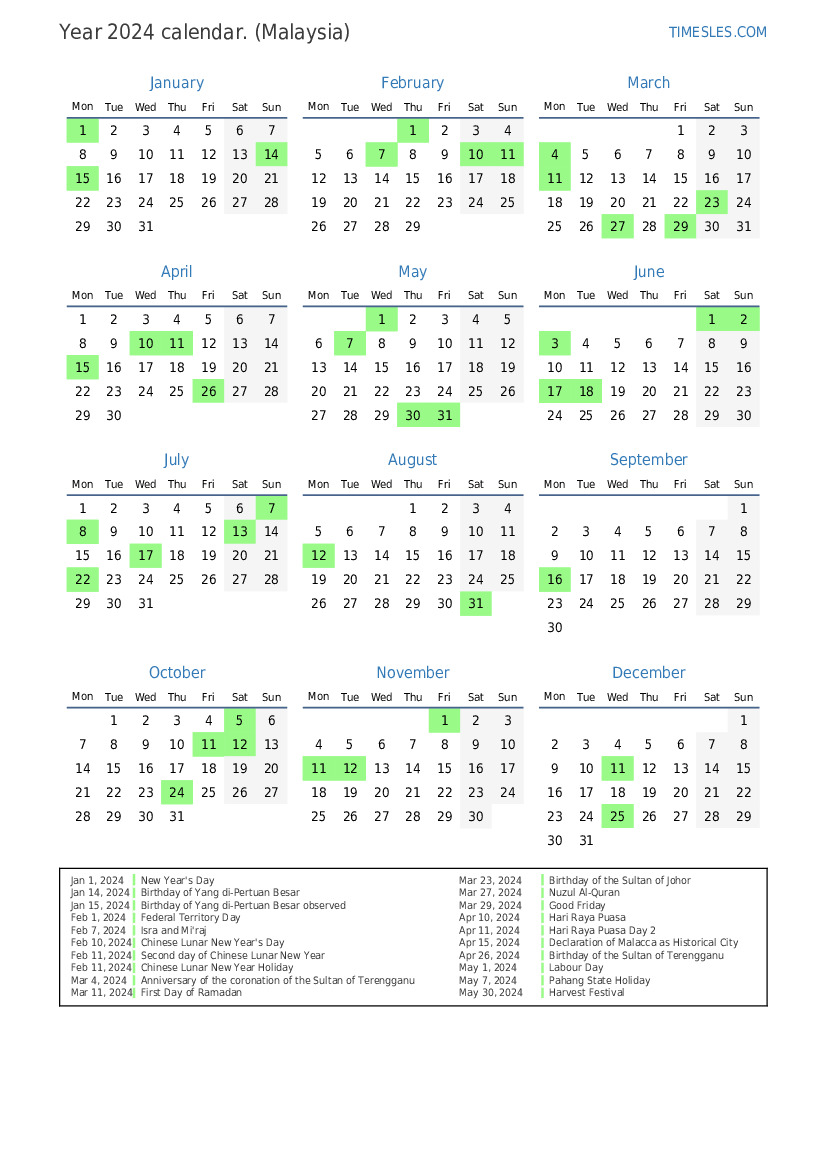Calendar for 2024 with holidays in Malaysia Print and download calendar