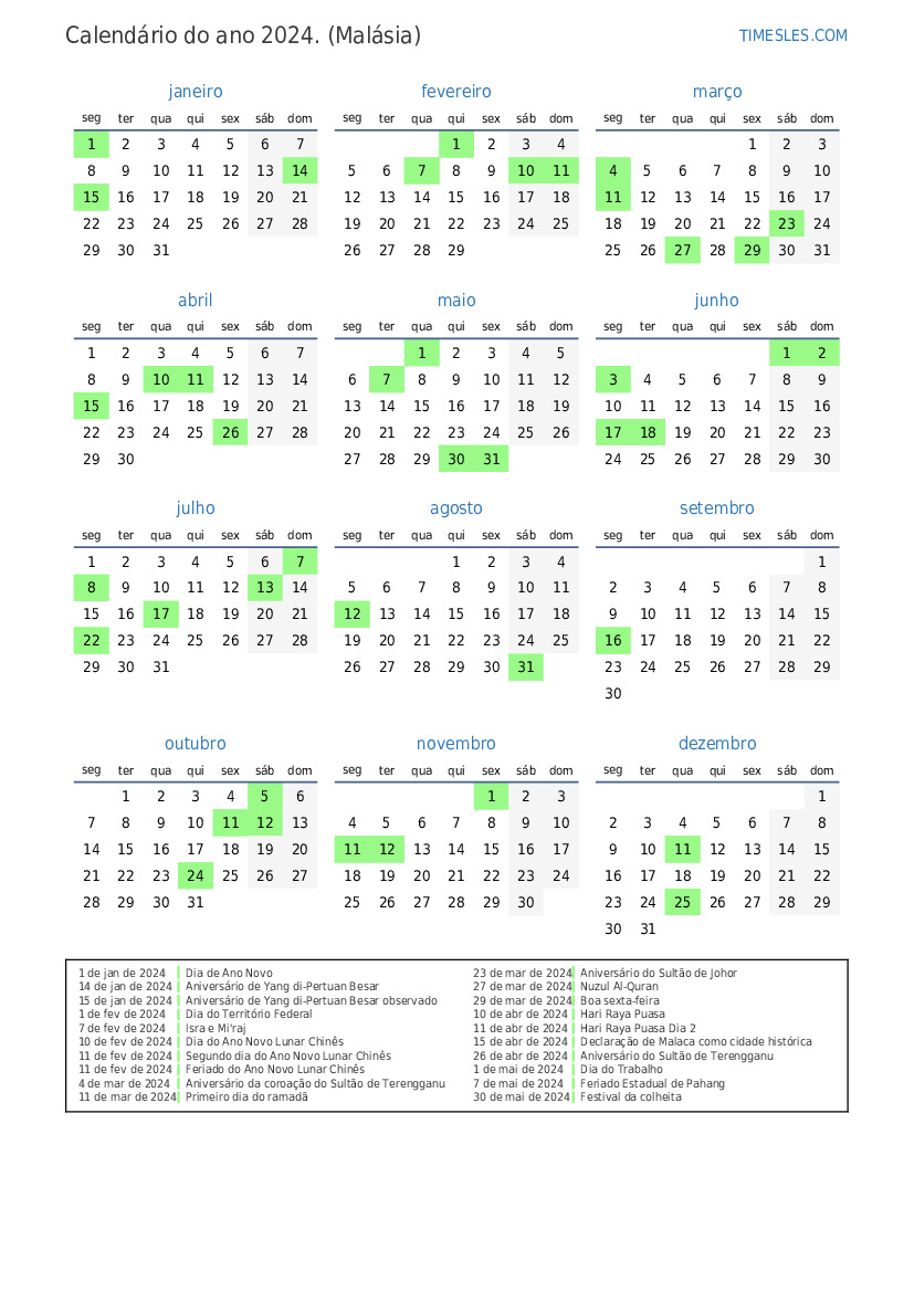 Calendário 2024 com feriados na Malásia Imprimir e baixar calendário