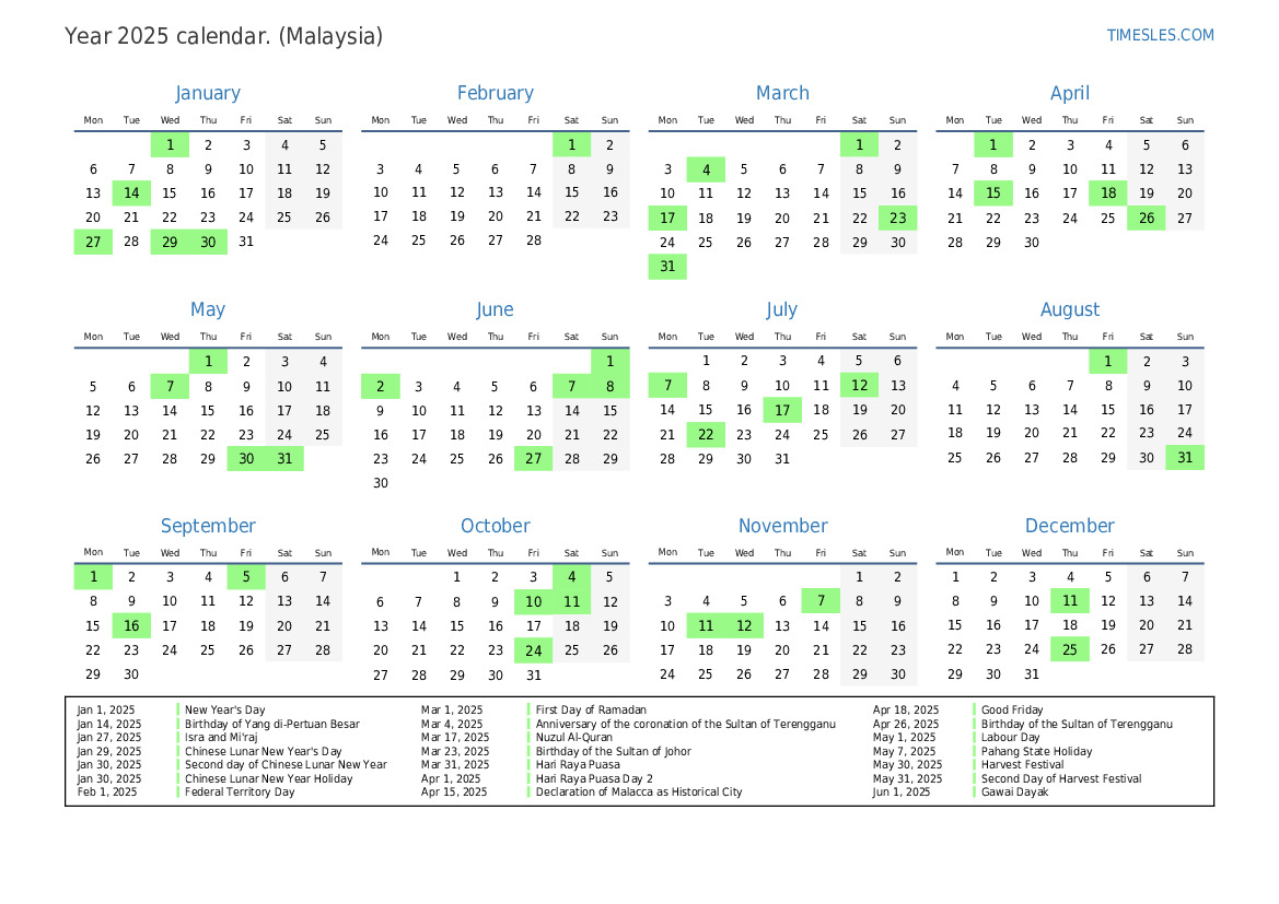 Calendar for 2025 with holidays in Malaysia  Print and download calendar