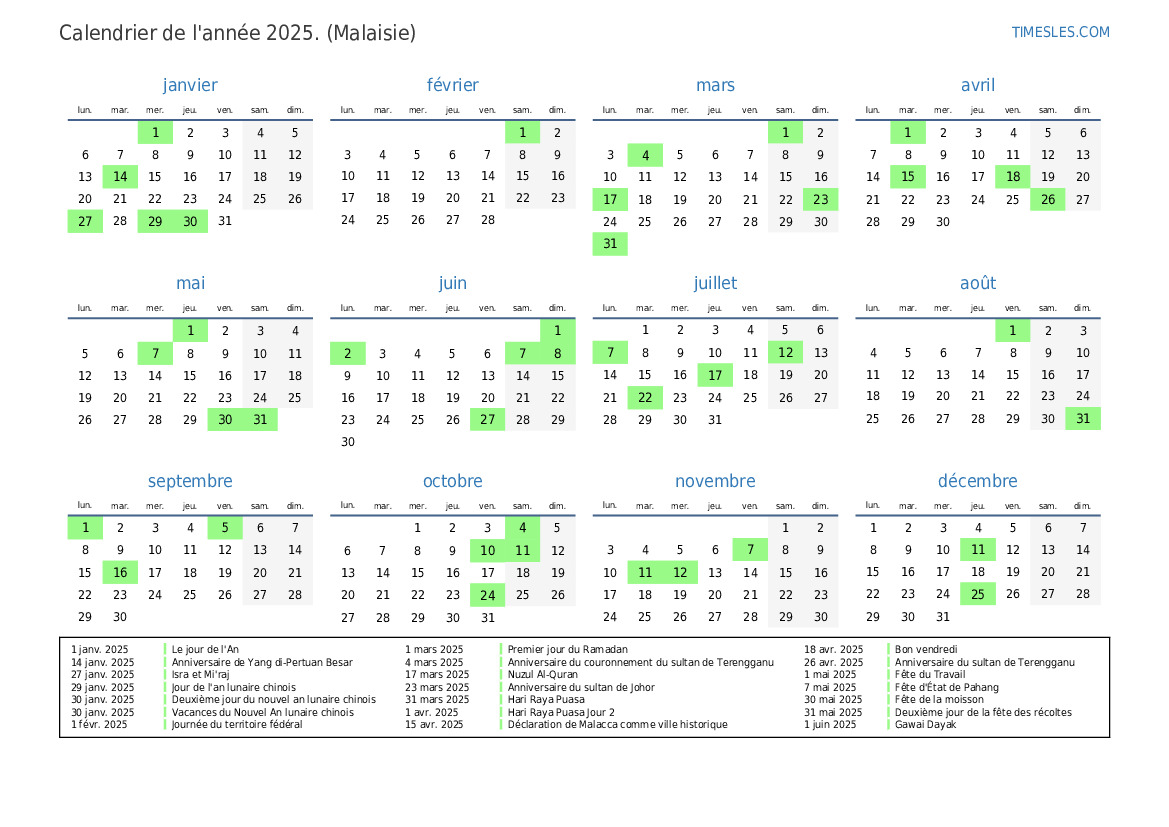 Calendrier 2025 avec jours fériés en Malaisie  Imprimer et télécharger le calendrier