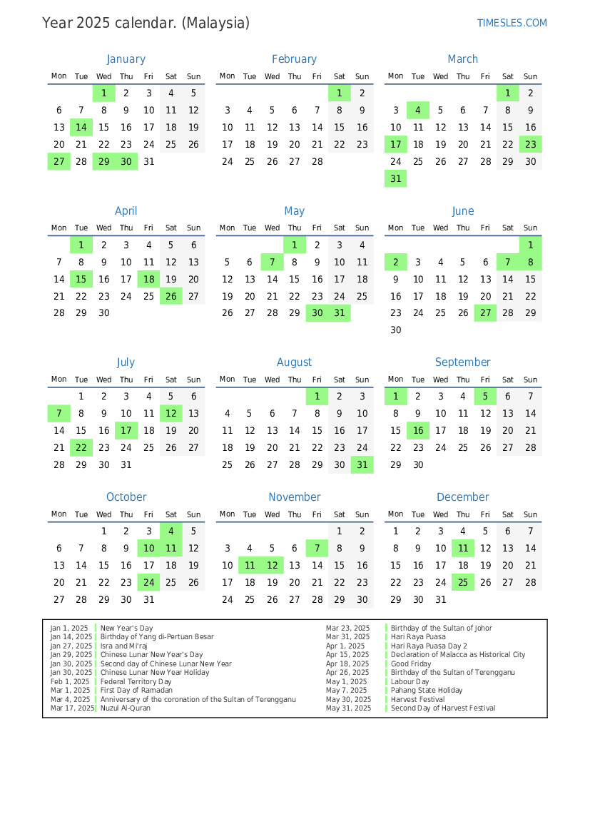 Calendar for 2025 with holidays in Malaysia Print and download calendar