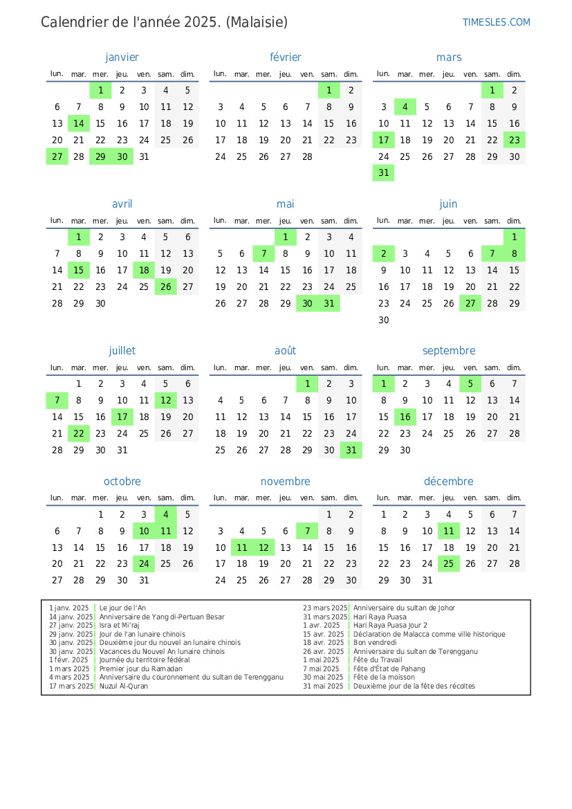 Calendrier 2025 avec jours fériés en Malaisie  Imprimer et télécharger le calendrier