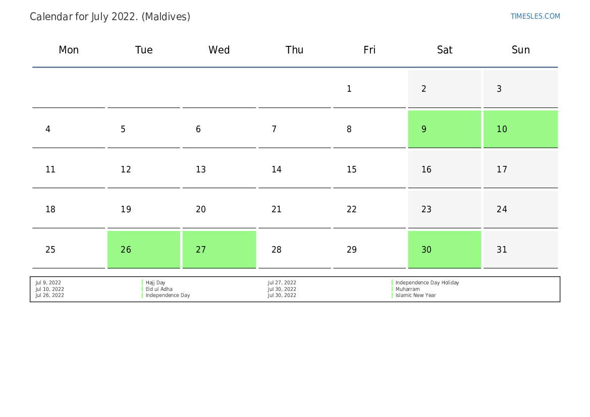 July 2022 calendar with holidays in Maldives | Print and download calendar