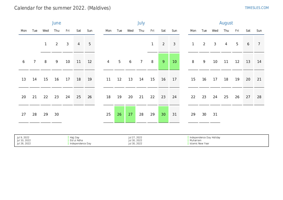 Summer 2022 Calendar Summer 2022 Calendar With Holidays For Maldives | Print And Download  Calendar