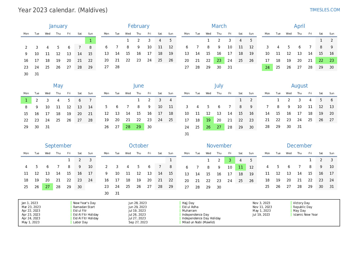 Calendar for 2023 with holidays in Maldives Print and download calendar