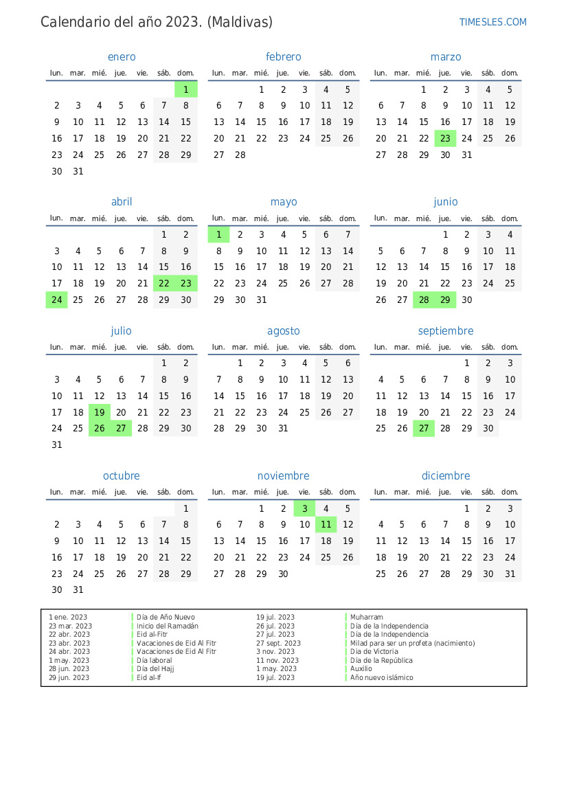 Calendario 2023 con días festivos en Maldivas Imprimir y descargar