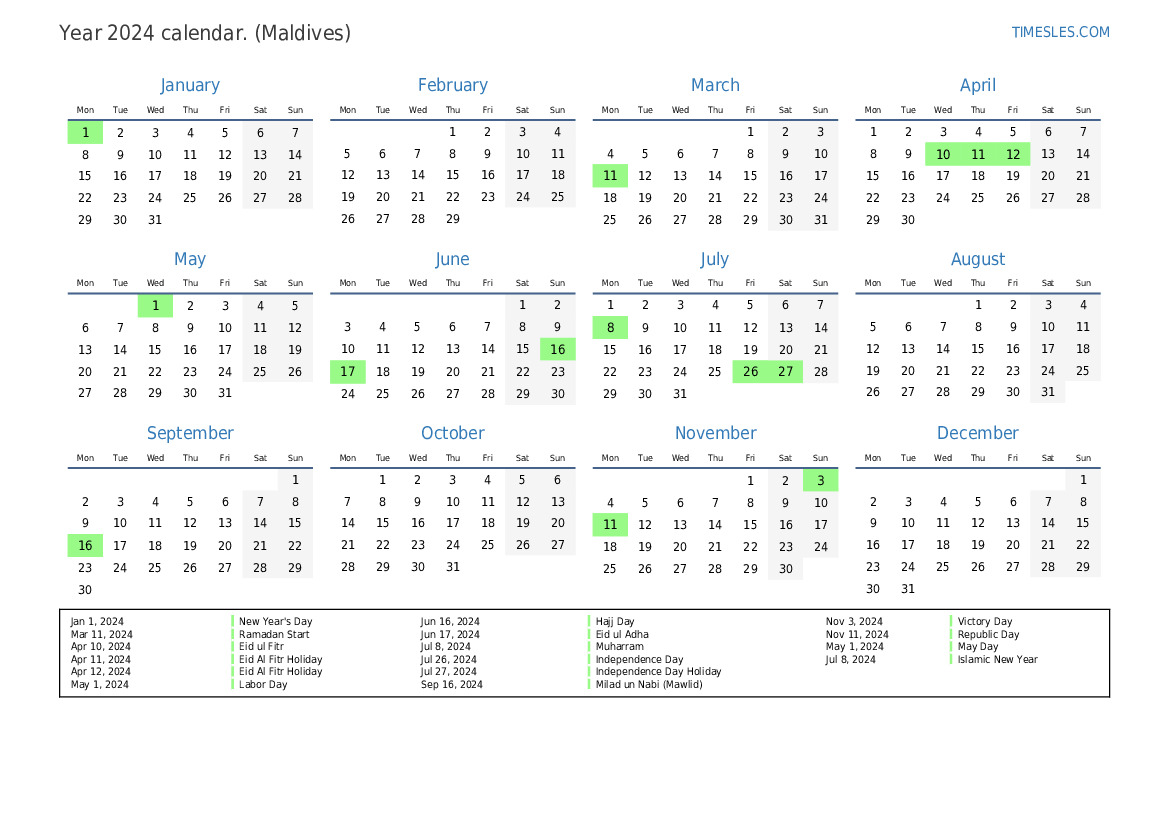 Calendar for 2024 with holidays in Maldives | Print and download calendar