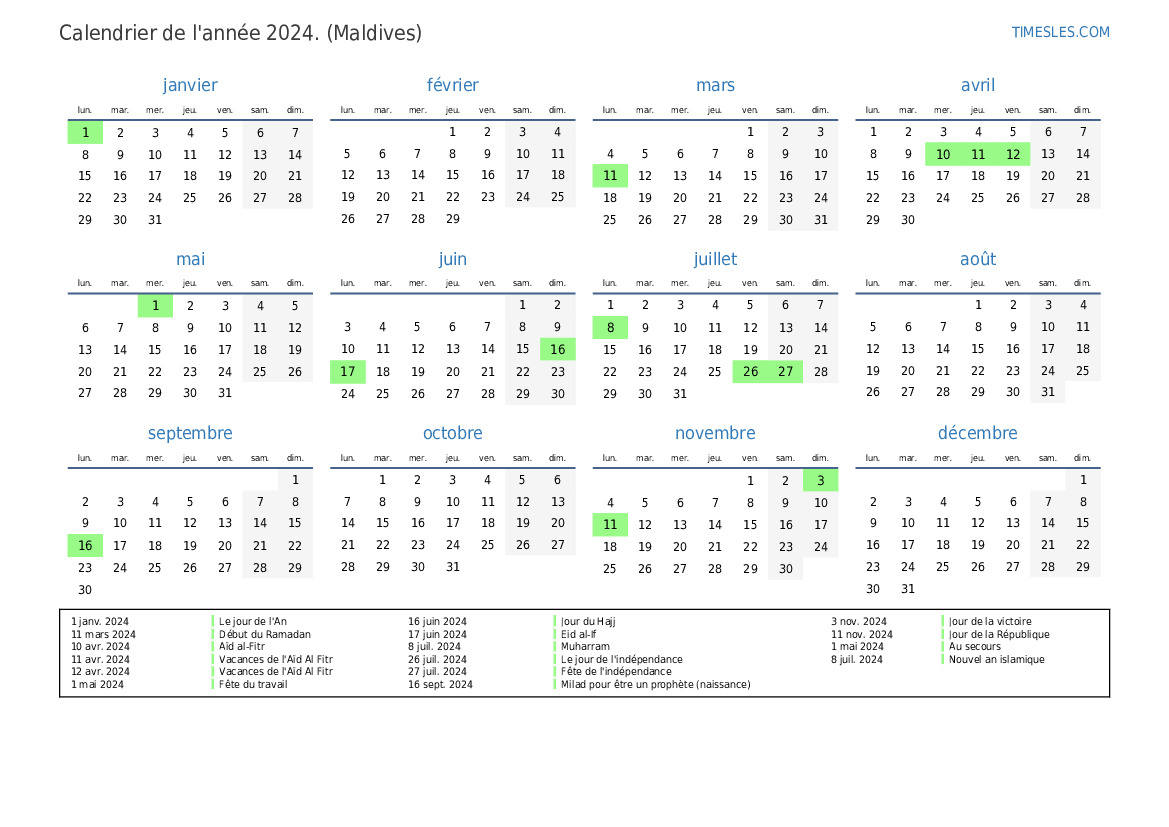 Calendrier 2024 avec jours fériés aux Maldives Imprimer et