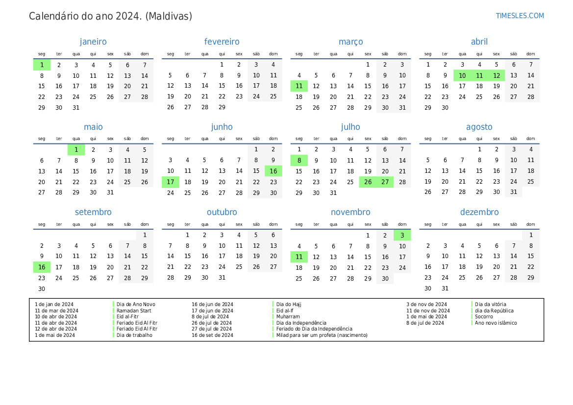 Calendário 2024 com feriados nas Maldivas Imprimir e baixar calendário