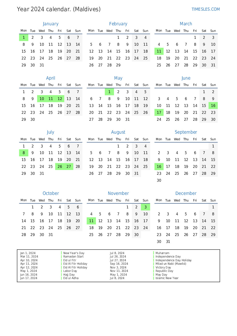 Calendar for 2024 with holidays in Maldives Print and download calendar