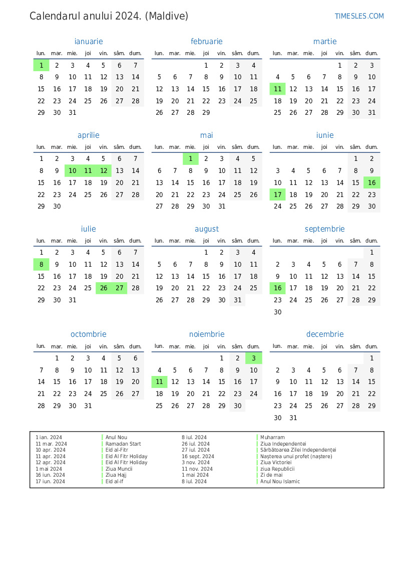 Calendar pentru anul 2024 cu sărbători în Maldive | Imprimați și