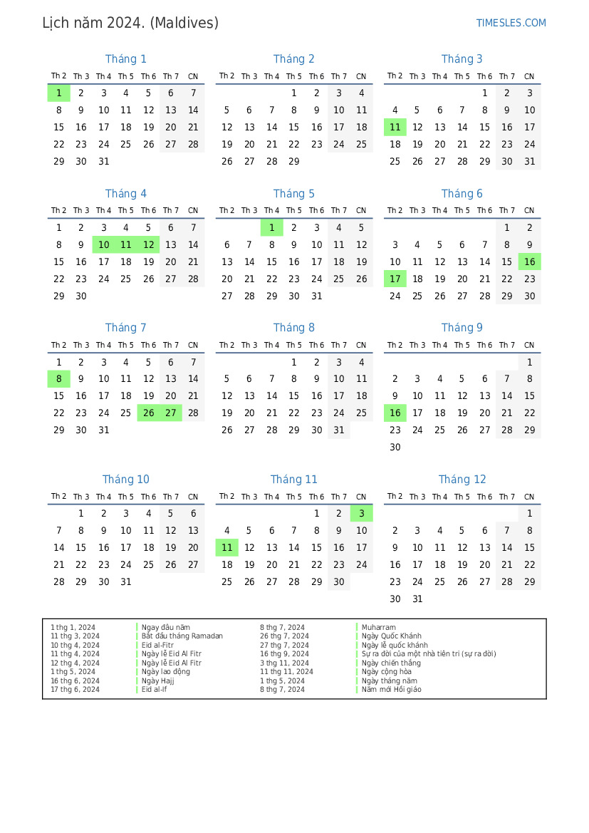 Lịch cho năm 2024 với các ngày lễ ở Maldives In và tải xuống lịch