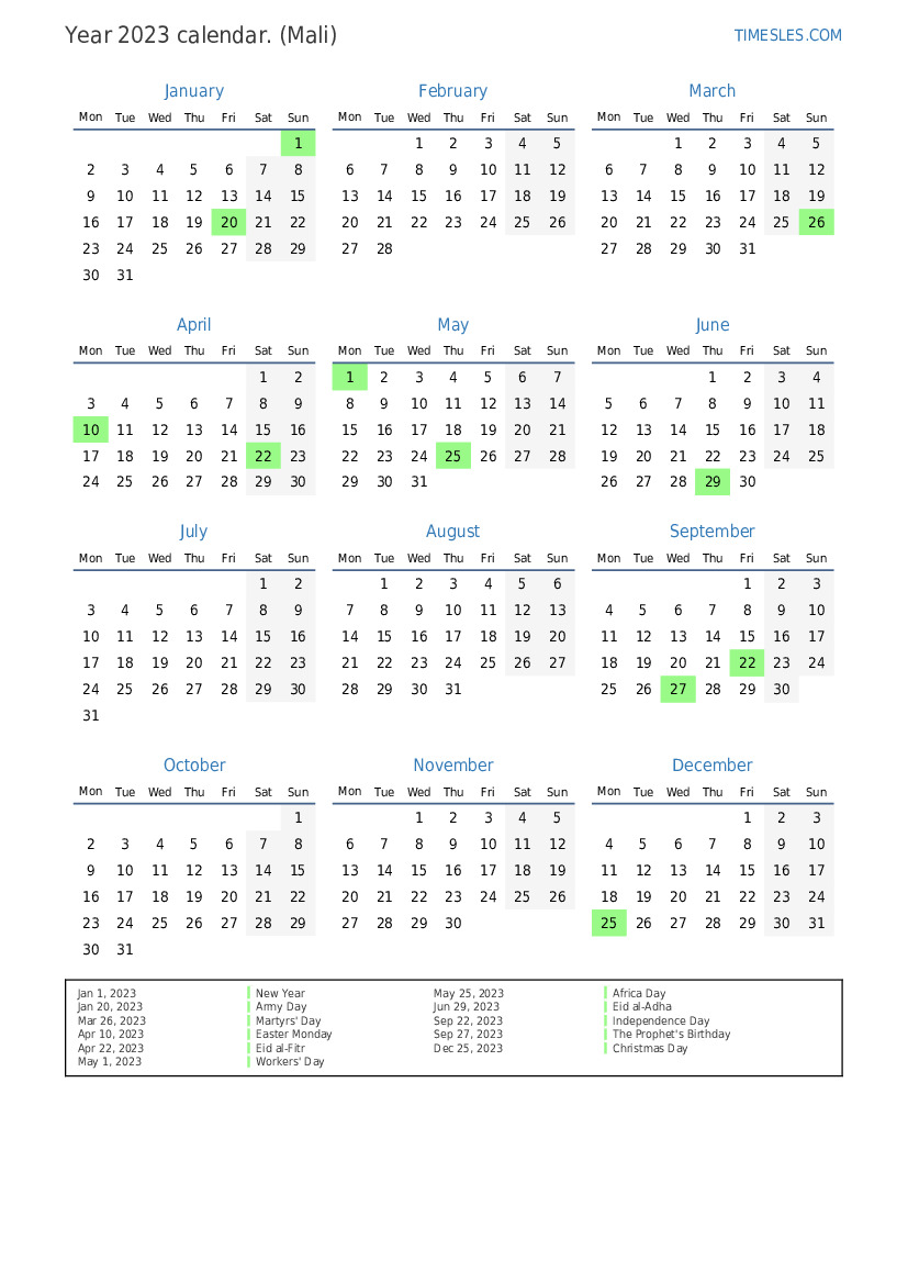 Calendar for 2023 with holidays in Mali | Print and download calendar