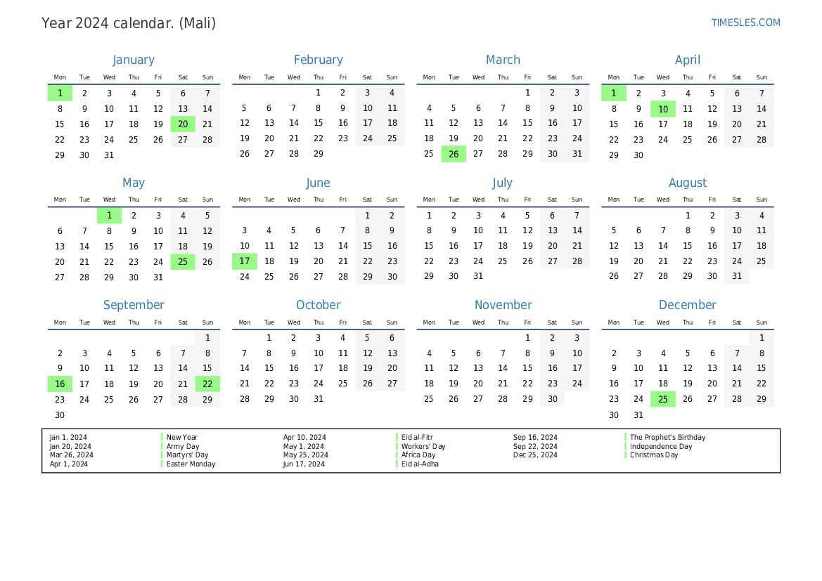 Calendar for 2024 with holidays in Mali Print and download calendar