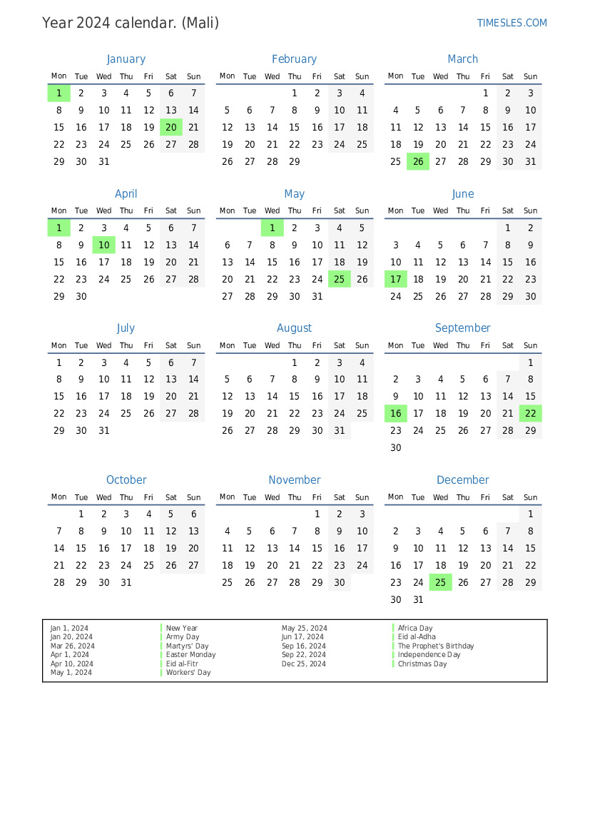 Calendar for 2024 with holidays in Mali Print and download calendar