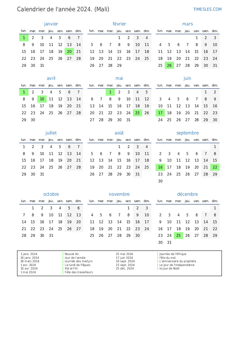 Calendrier 2024 avec jours fériés au Mali Imprimer et télécharger le